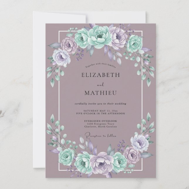 Convite Casamento Floral Lilás Pintado à Mão (Frente)