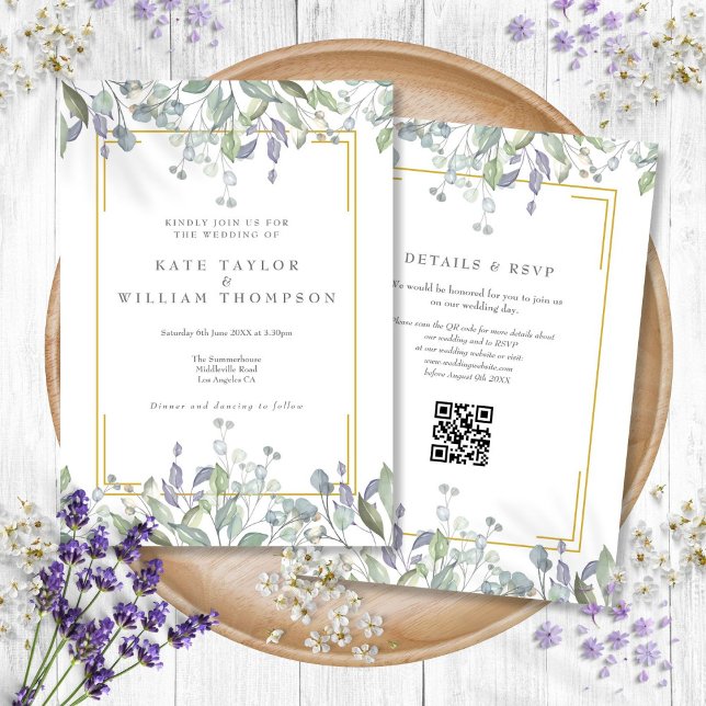 Convite Casamento Floral Lilás Sage Código QR (Greenery Sage Lilac Floral QR Code Wedding Invitation)