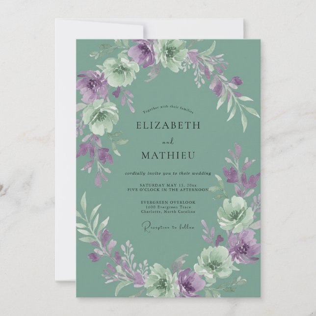Convite Casamento Floral Lilás Verde (Frente)
