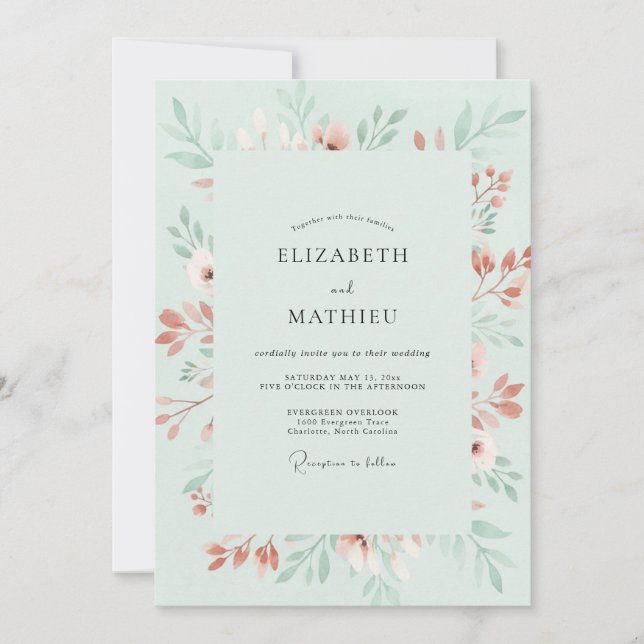 Convite Casamento Floral Lírico Verde Menta (Frente)