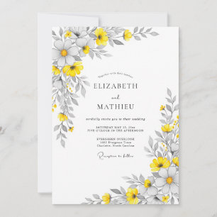 Convite Casamento Floral Luminoso Cinza Amarelo