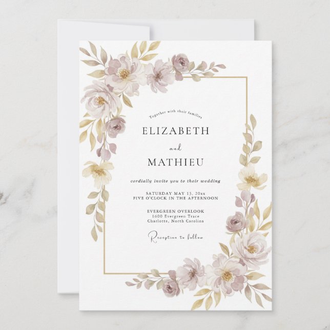 Convite Casamento Floral Luminoso de Champanhe (Frente)