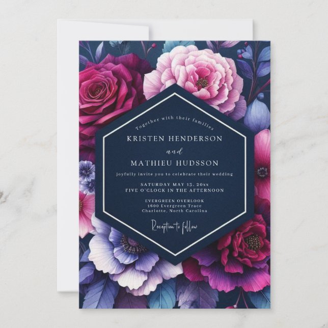 Convite Casamento Floral Luminoso Índigo (Frente)