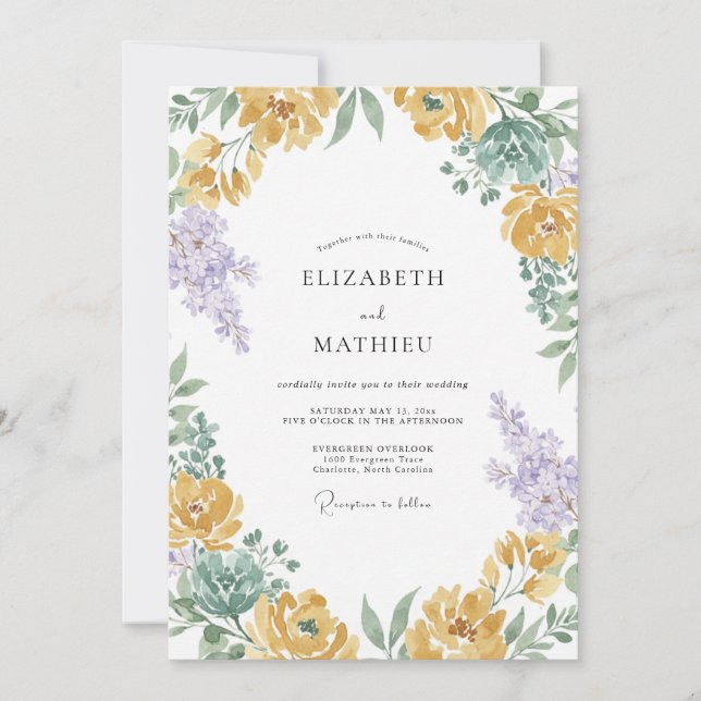 Convite Casamento Floral Luminoso Mostarda (Frente)