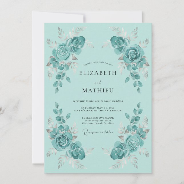 Convite Casamento Floral Luminoso Turquesa (Frente)