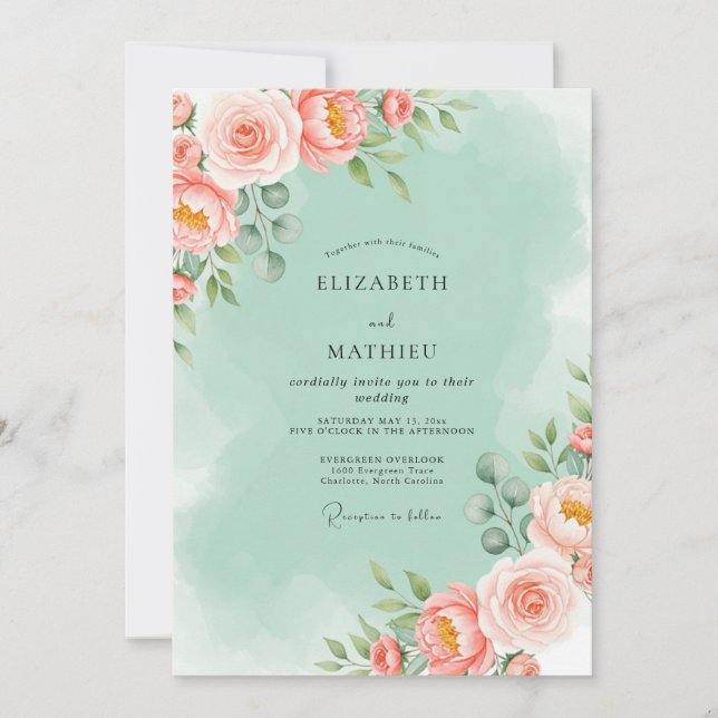 Convite Casamento Floral Luminoso Verde Menta (Frente)