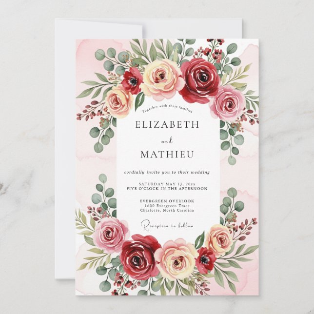 Convite Casamento Floral Luxuoso Borgonha (Frente)