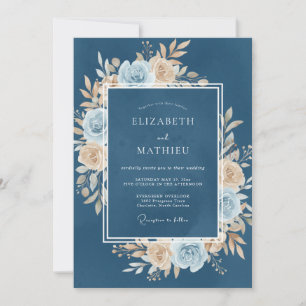 Convite Casamento Floral Luxuoso em Azul Aço