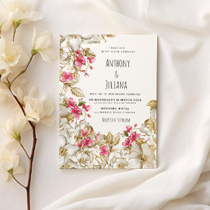 Convite Casamento Floral Luxuoso Rosa Branco Dourado