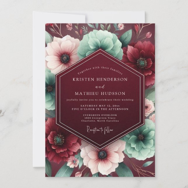 Convite Casamento Floral Luxuriante Borgonha (Frente)
