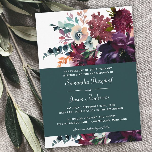 Convite Casamento Floral Luxurioso do Teal Burgundy (Criador carregado)