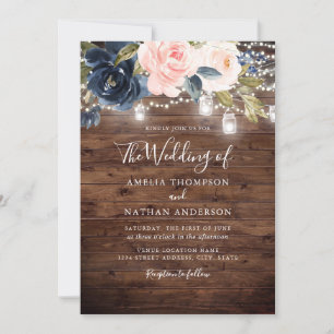 Convite Casamento Floral Luzes de Madeira Rústica Azul-Mar