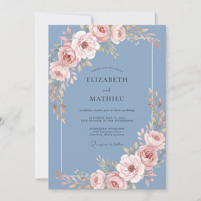 Convite Casamento Floral Macio Azul Aço (Frente)