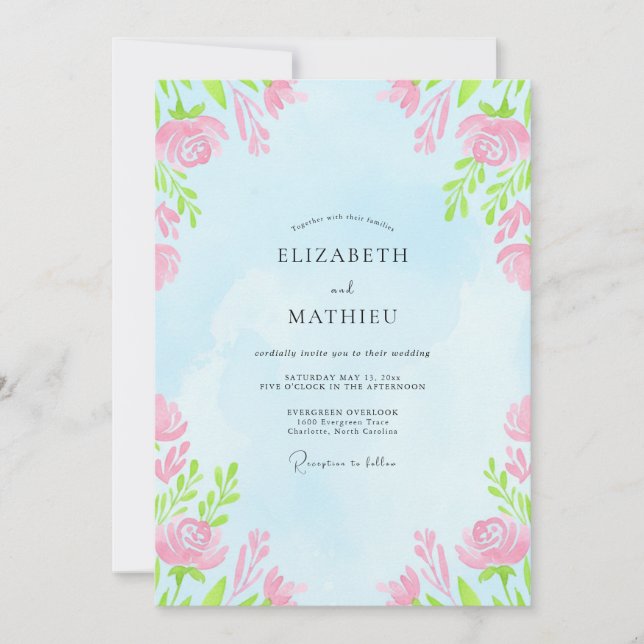 Convite Casamento Floral Macio Azul Céu (Frente)