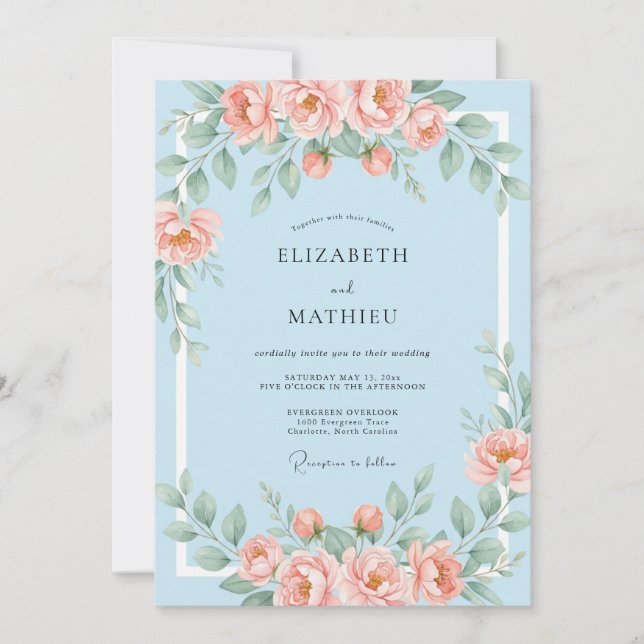 Convite Casamento Floral Macio Azul Coral (Frente)