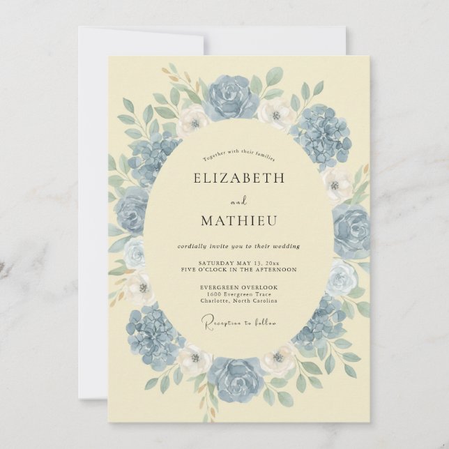 Convite Casamento Floral Macio Azul Empoeirado (Frente)