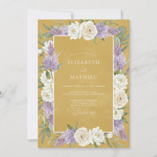 Convite Casamento Floral Macio Dourado Roxo (Frente)