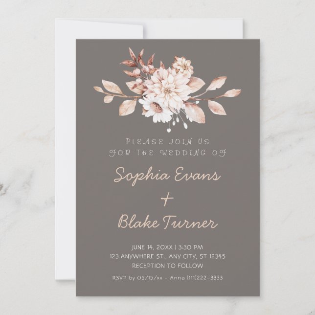 Convite Casamento Floral Macio Prateado Escuro Rústico Mod (Frente)