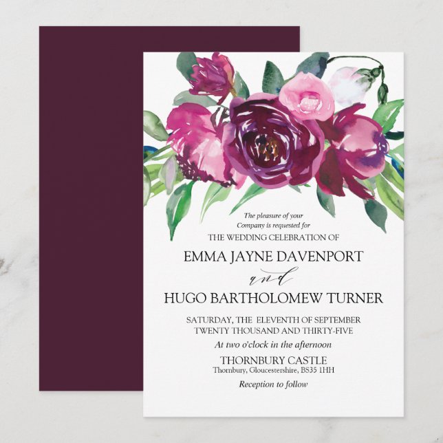 Convite Casamento floral magenta e rosa (Frente/Verso)