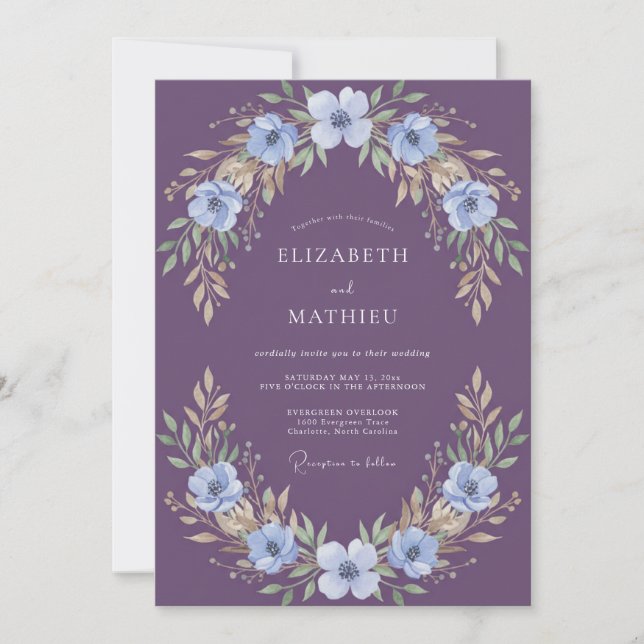 Convite Casamento Floral Magnífico Ameixa (Frente)