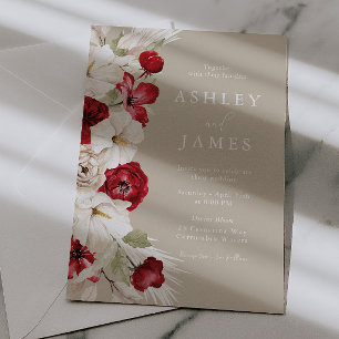 Convite Casamento Floral Magnífico Branco e Vermelho