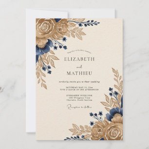 Convite Casamento Floral Majestoso Azul Marinho Dourado