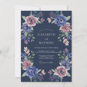 Convite Casamento Floral Majestoso Azul Meia-Noite