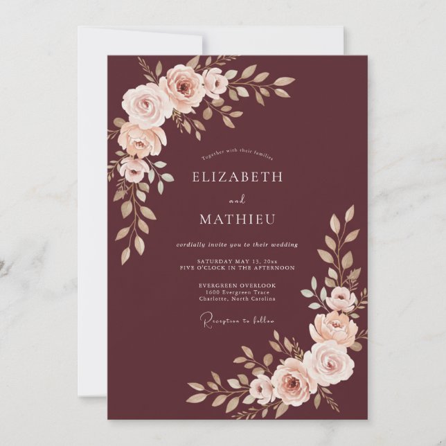 Convite Casamento Floral Majestoso Borgonha (Frente)