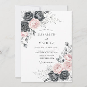 Convite Casamento Floral Majestoso em Cinza Carvão