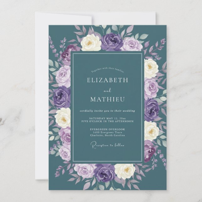 Convite Casamento Floral Majestoso Turquesa (Frente)