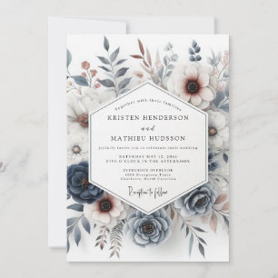 Convite Casamento Floral Mal-humorado Azul Ardesia e Ferru