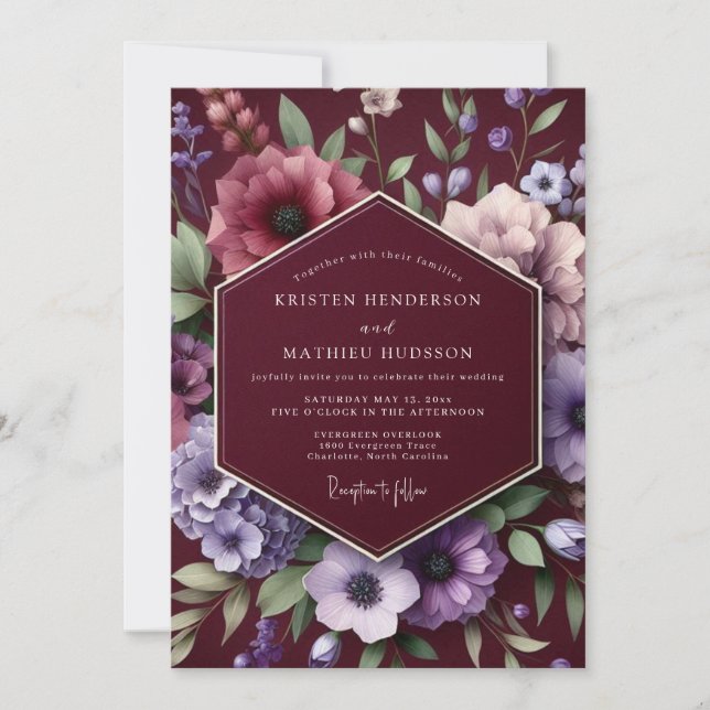 Convite Casamento Floral Mal-humorado Borgonha (Frente)