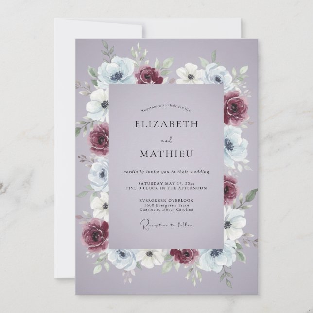 Convite Casamento Floral Malinconico Borgonha Lavanda (Frente)