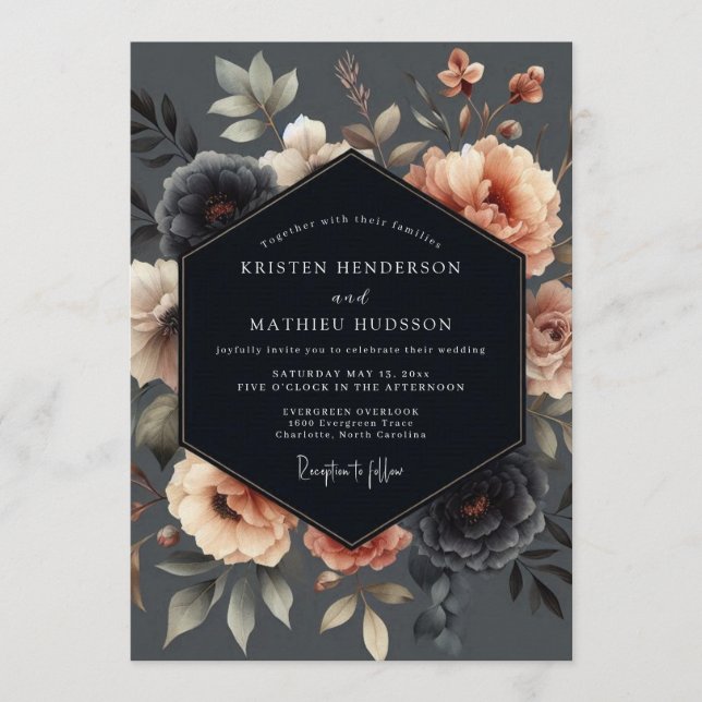 Convite Casamento Floral Malva Charcoal (Frente)