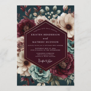 Convite Casamento Floral Malva e Azul-escuro