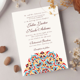Convite Casamento Floral Mandala Caprichoso Laranja Azul T
