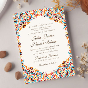 Convite Casamento Floral Mandala Caprichoso Laranja Azul T