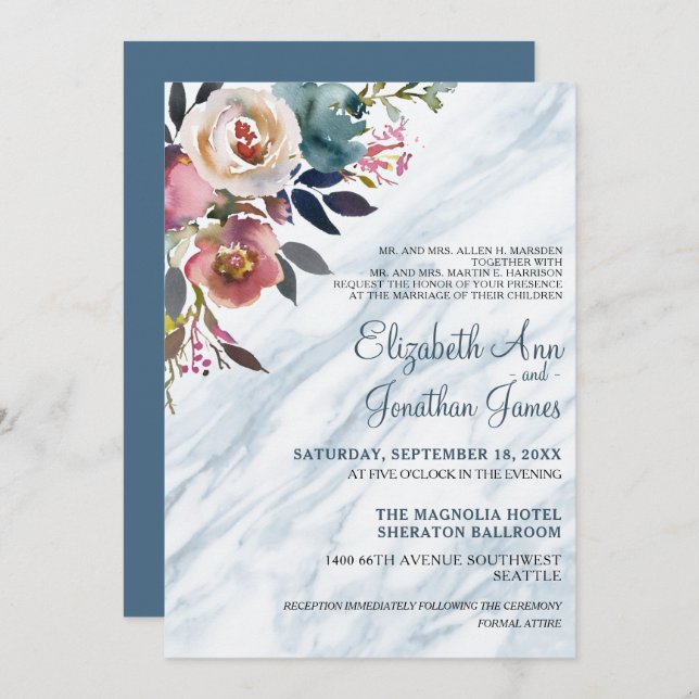 Convite Casamento Floral Marble Elegante Dusty Blue Burgun (Frente/Verso)