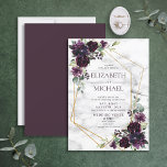 Convite Casamento Floral Marble Geométrico com Roxo de Plu<br><div class="desc">Moderno e moderno, este design de convite para o casamento apresenta um falso ouro geométrico embelezado com a cor d'água eucalipto verde e arranjos florais roxos de ameixa, num fundo de mármore faux Carrera. Os nomes dos casais e alguns detalhes do casamento estão em uma cor de burgundy equivalente. A...</div>