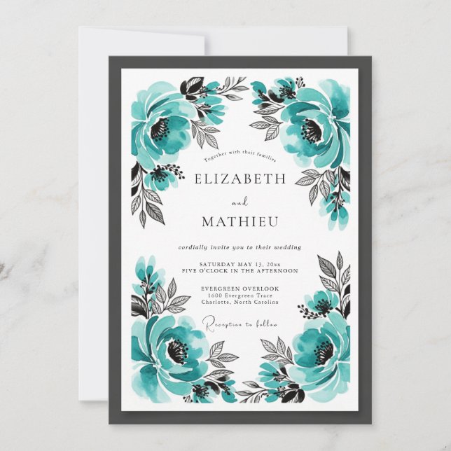 Convite Casamento Floral Marcante Turquesa (Frente)