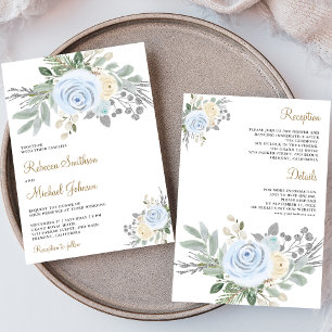 Convite Casamento Floral Marfim Azul Empoeirado Tudo em Um