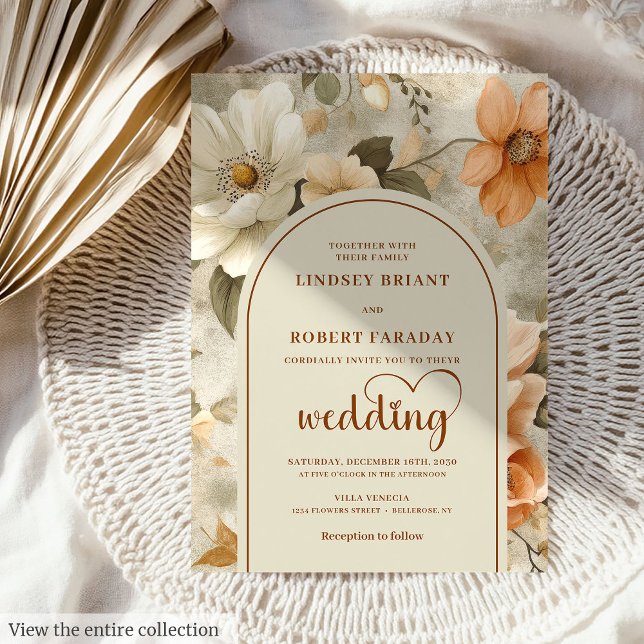 Convite Casamento Floral Marfim Cobre Boho Atemporal  (Timeless Boho Copper Ivory Sage Floral Wedding Invitation)