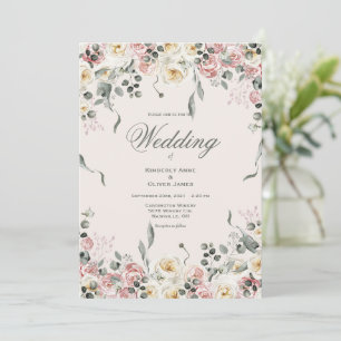 Convite Casamento Floral Marfim com Toque de Rosa Elegante