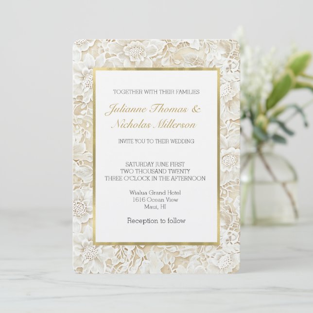 Convite Casamento Floral Marfim Creme Romântico (Em pé/Frente)