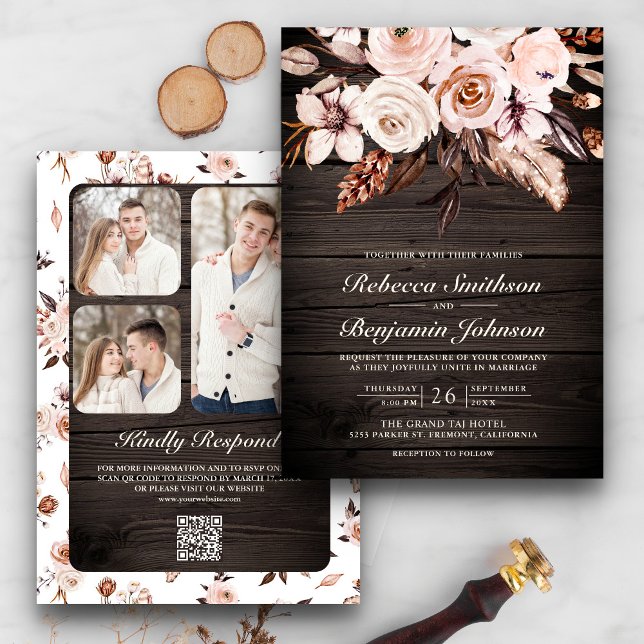Convite Casamento Floral Marfim Rústico em Madeira Código  (Criador carregado)
