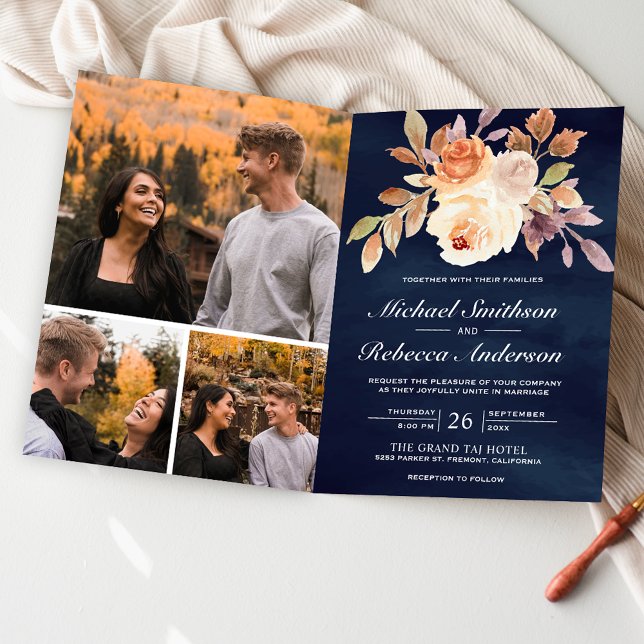 Convite Casamento Floral Marfim Terroso Código QR Azul Nav (Criador carregado)
