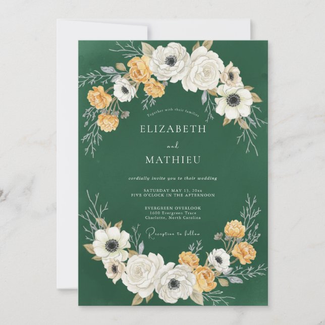 Convite Casamento Floral Marfim Verde Profundo (Frente)