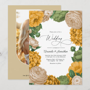 Convite Casamento Floral Marigold, Oliva e Creme Quente