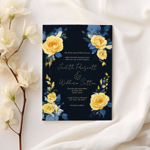 Convite Casamento floral marinho azul-boho-amarelo