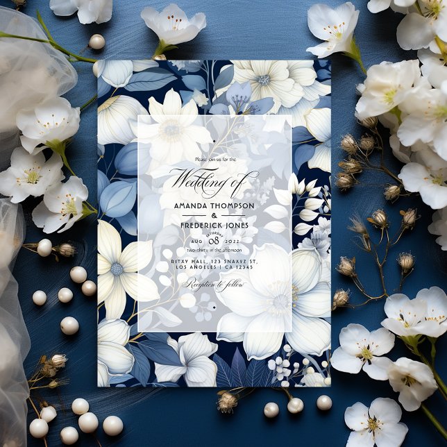 Convite Casamento Floral marinho Azul, Creme e Prata (Criador carregado)